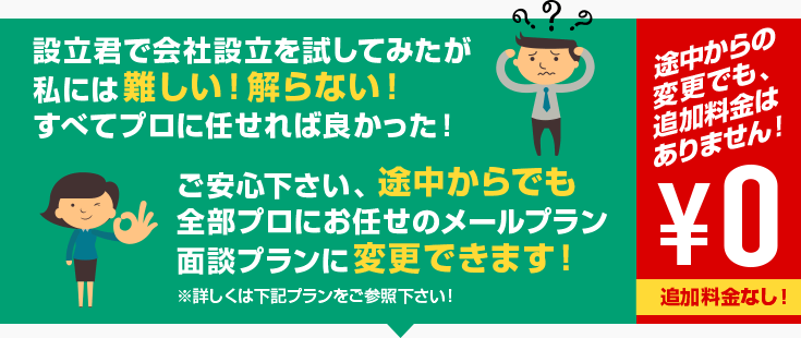 設立君で会社設立を試してみたが私には難しい!解らない! ご安心下さい、途中からでも全部プロにお任せのメールプラン面談プランに変更できます!